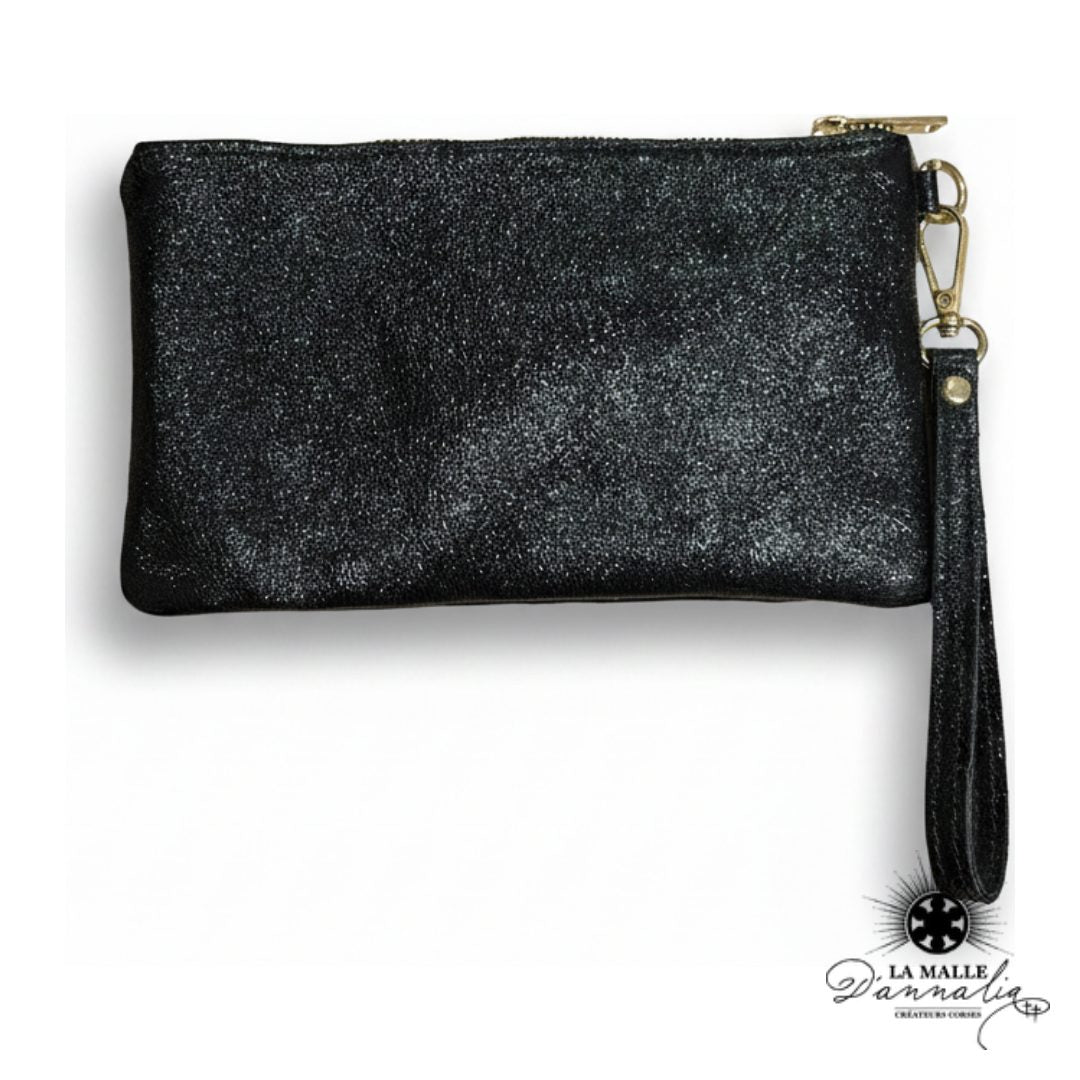 Pochette Cuir Véritable Noire — Dragonne & Zip Doré — Italie