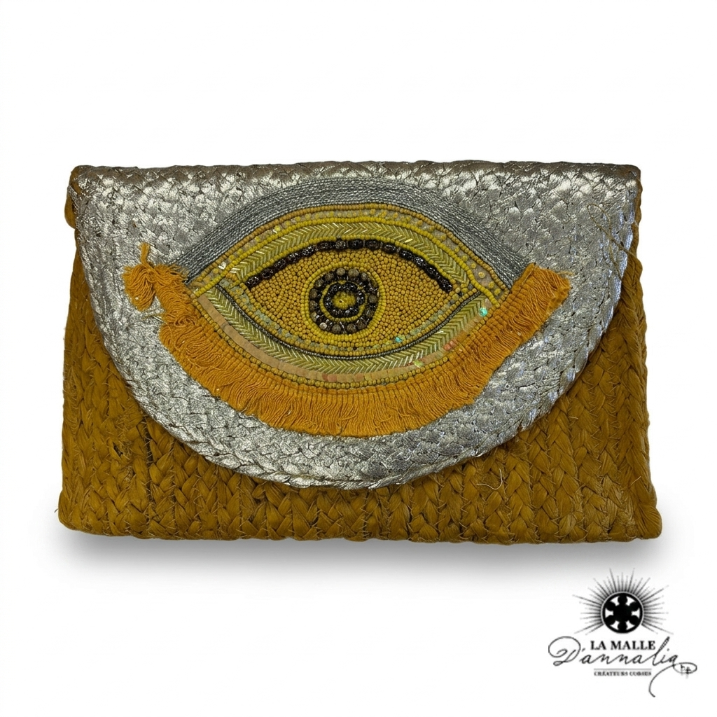 Pochette de Plage Marron Oeil Jaune Brodée