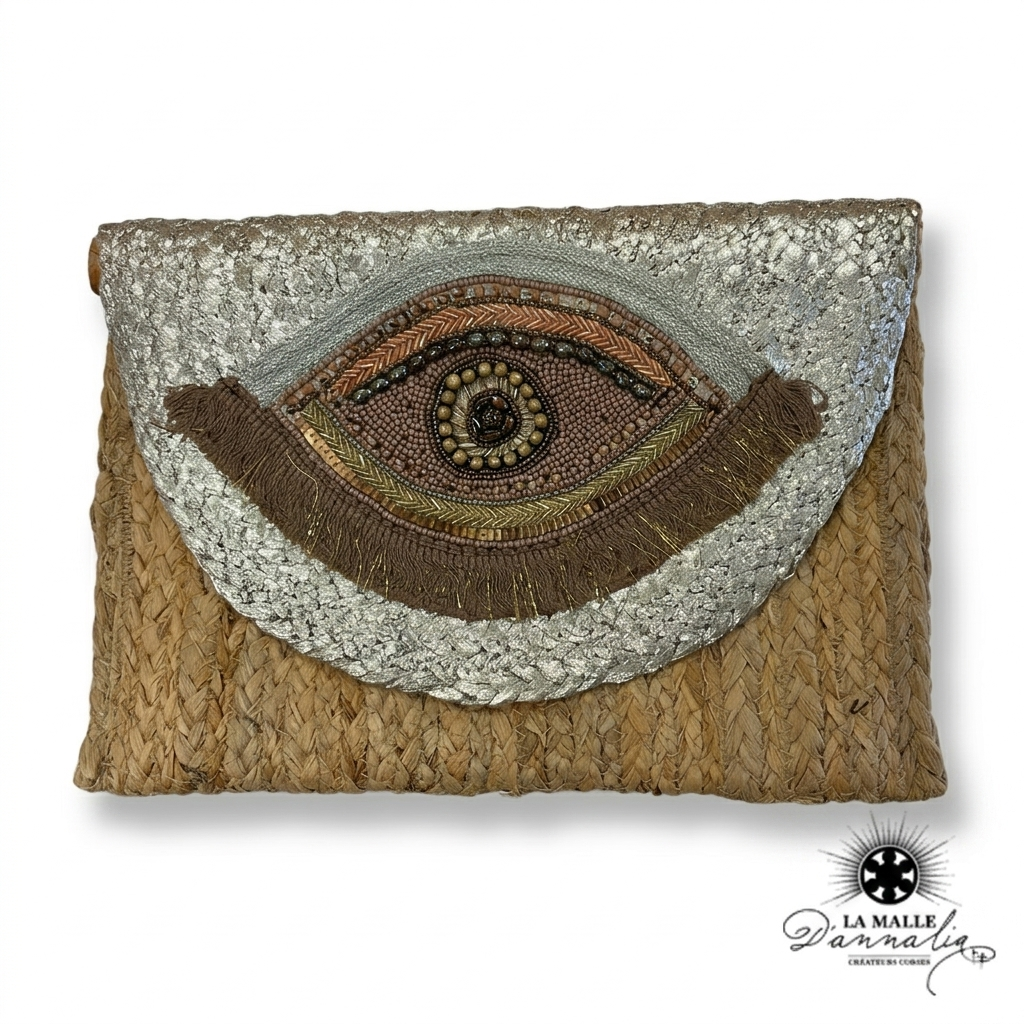 Pochette de Plage Marron Oeil Brodée à Paillettes