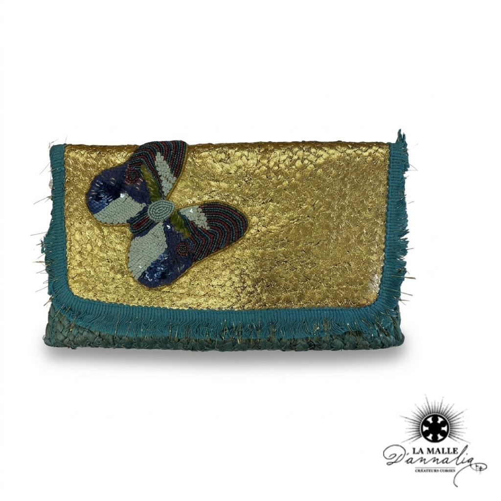 Pochette de Plage Bleu Papillon Brodé & Franges Dorées