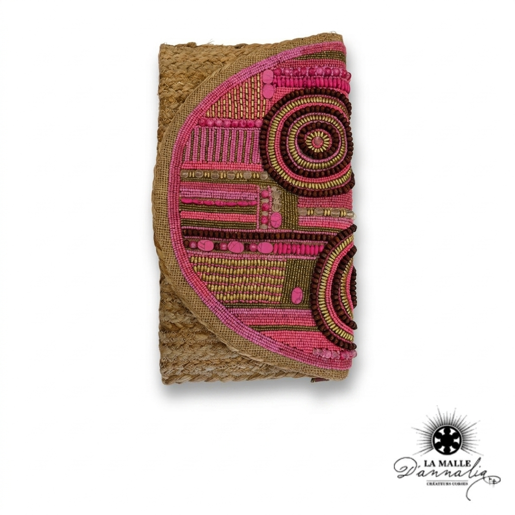Pochette de Plage Osier & Motifs Ethniques Rose