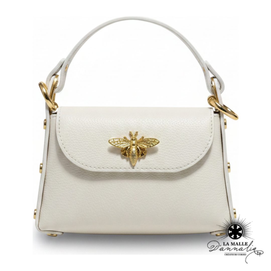 Sac cuir véritable blanc fermoir abeille dorée bandoulière chaînette La Malle d'Annalia Bastia