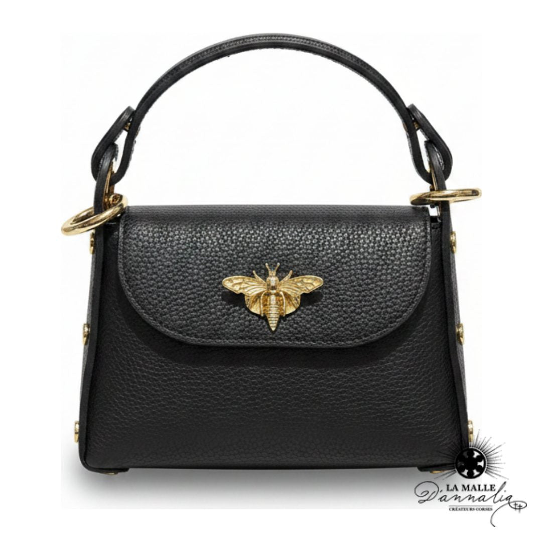 Sac cuir véritable noir fermoir abeille dorée bandoulière chaînette La Malle d'Annalia Bastia