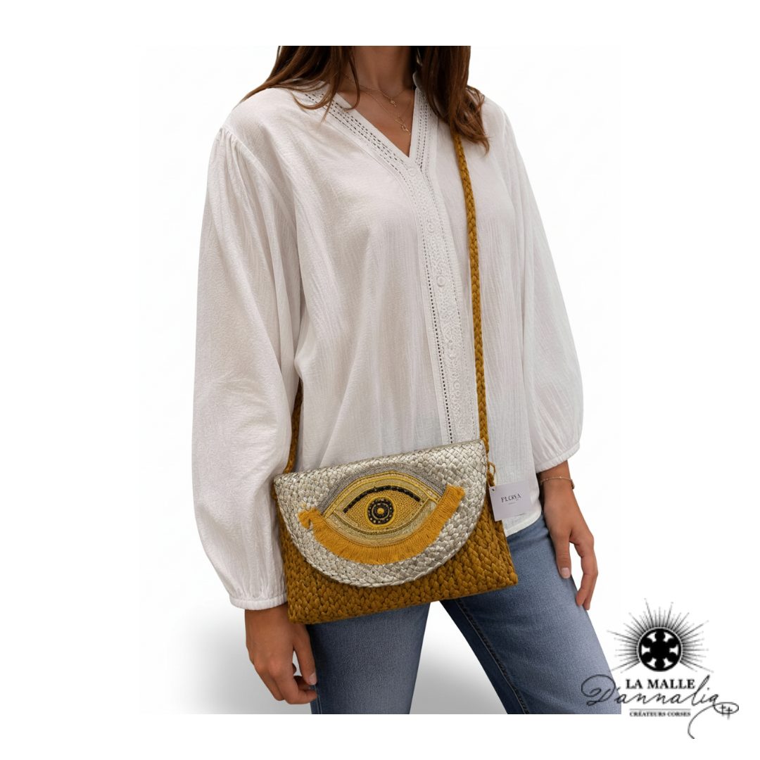 Pochette de Plage Marron Oeil Jaune Brodée