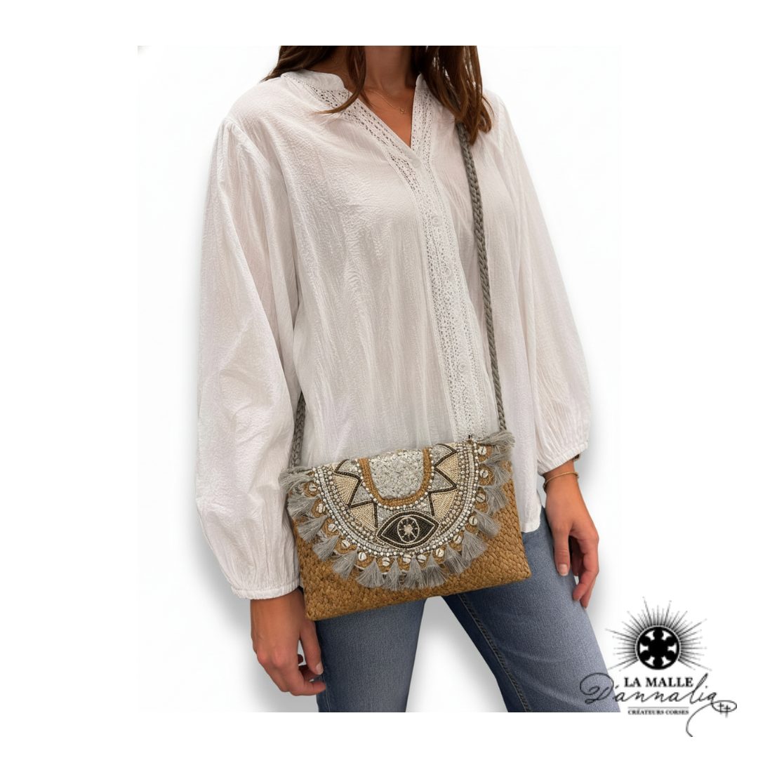 Pochette de Plage Motif Ethnique Perles & Franges Corail