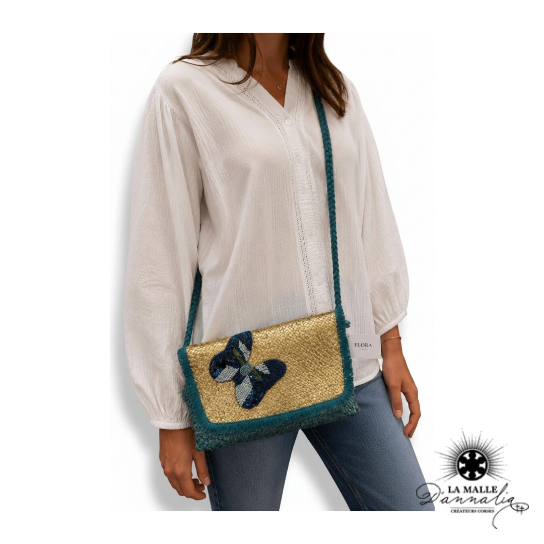 Pochette de Plage Bleu Papillon Brodé & Franges Dorées
