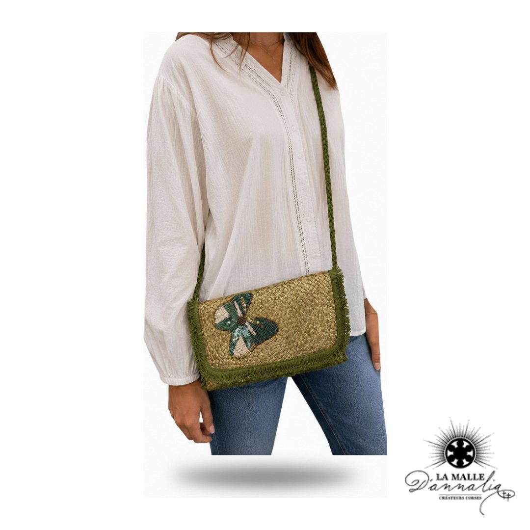 Pochette de Plage Vert Papillon Brodé & Franges Dorées