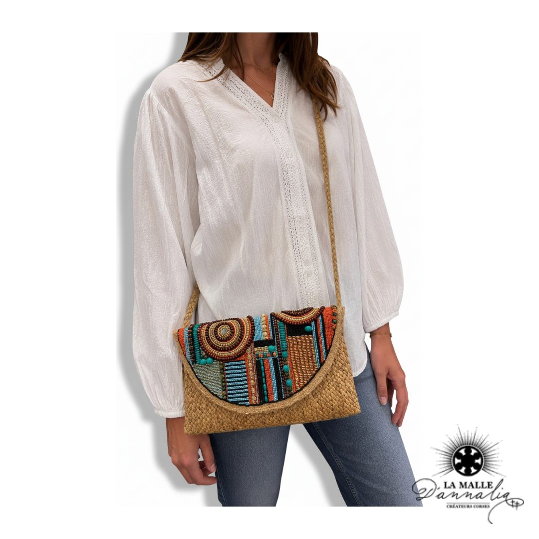 Pochette de Plage Osier & Motifs Ethniques Multicolores