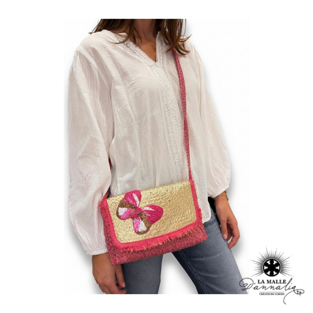 Pochette de Plage Rouge Papillon Brodé & Franges Dorées