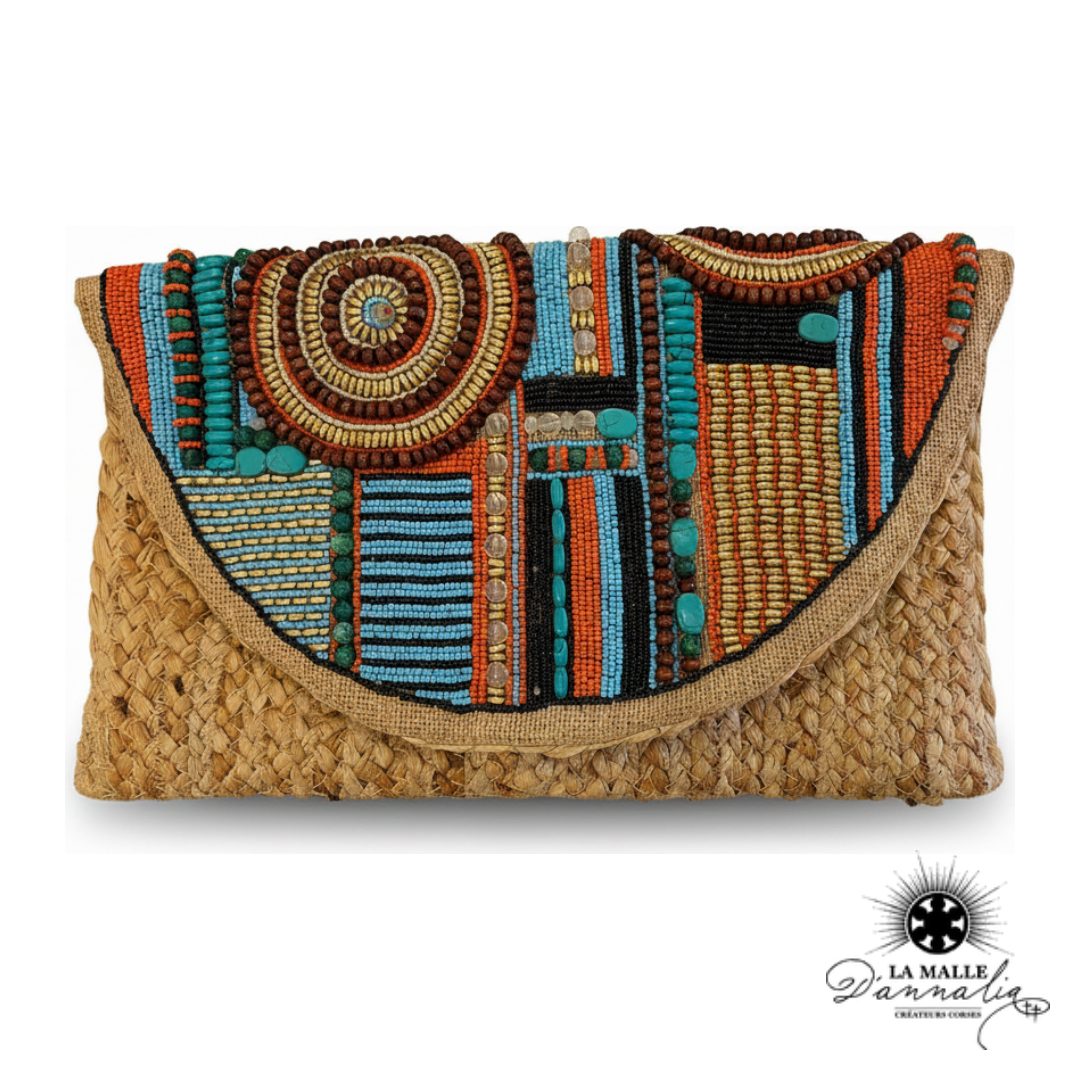 Pochette de Plage Osier & Motifs Ethniques Multicolores