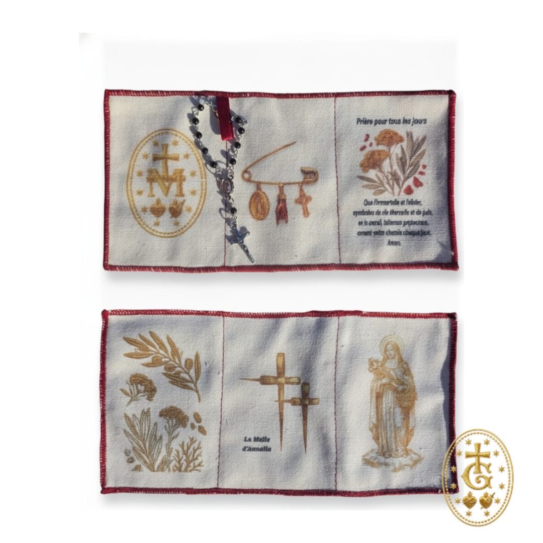 Scapulaire Sainte Rita en coton 20 x 10 cm, fil rouge cousu tout autour — cadeau religieux souvenir de Corse