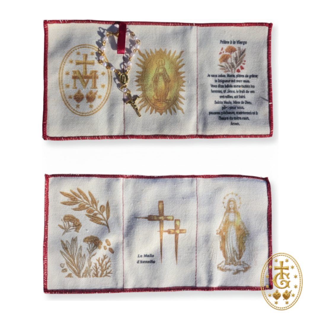 Scapulaire Vierge Marie en coton 20 x 10 cm, fil rouge cousu — cadeau de baptême, naissance et communion