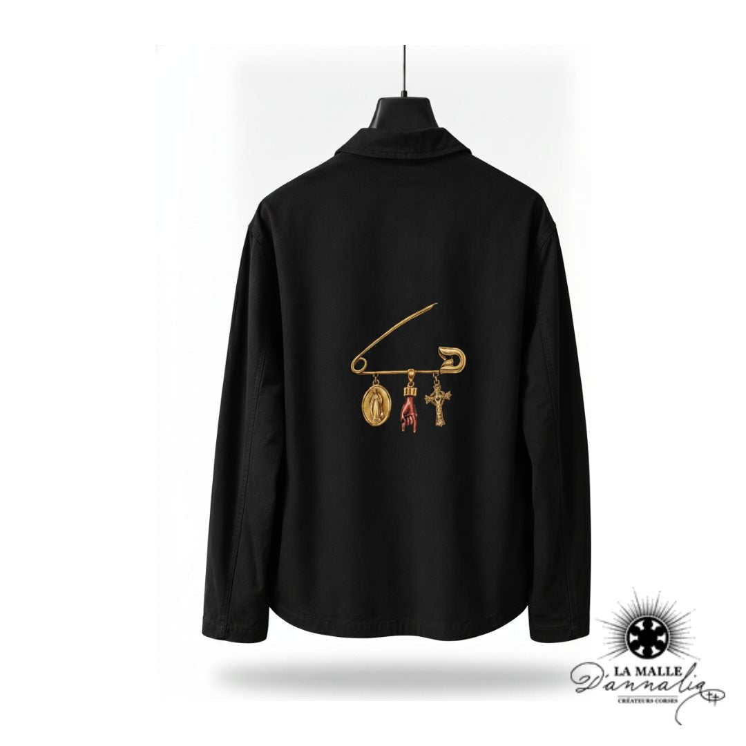Veste Noire Brodée Épingle Dorée