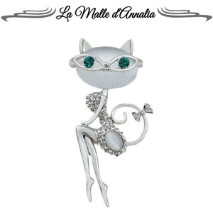 VANINA : Broche opale et strass chat à lunettes